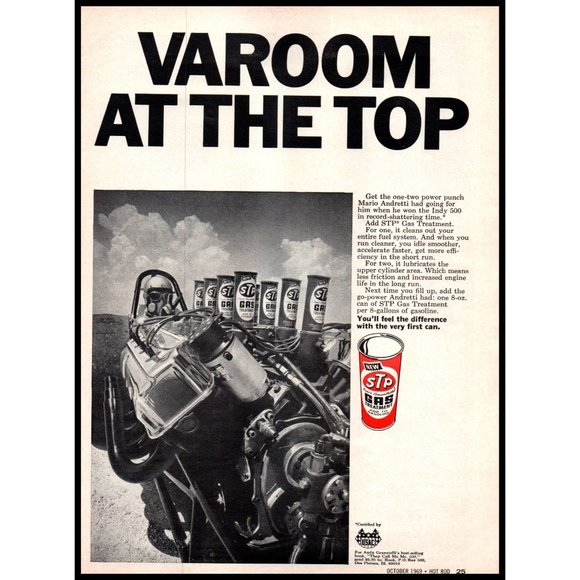 1969 STP Gas Treatment Vintage Print Ad V8 Engine Mario Andretti Wall Art - Picture 1 of 1